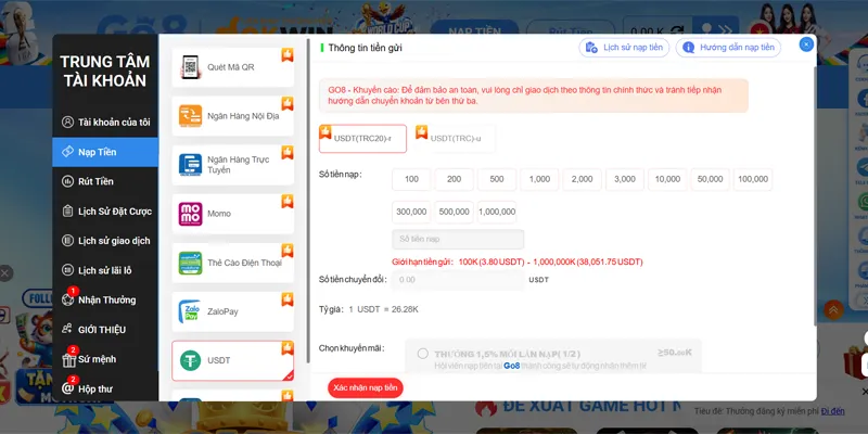 Giao dịch Go8 siêu tốc, nạp rút USDT liền tay